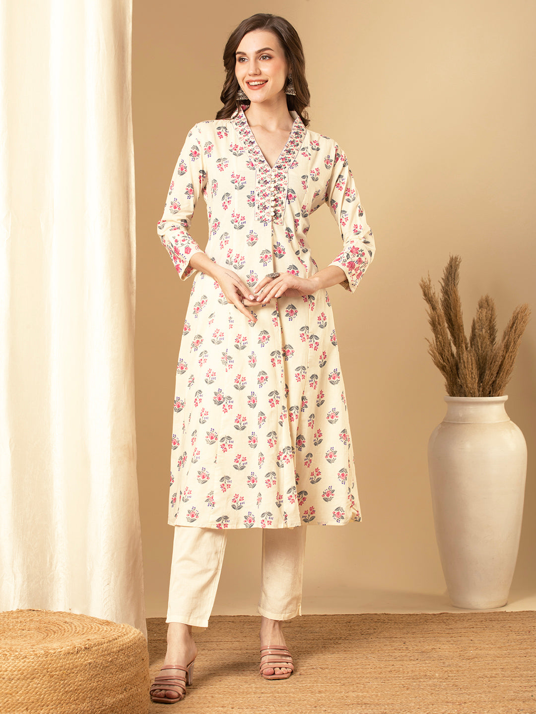 Ethnic Floral Printed Anarkali Kurta with Pant - Off White