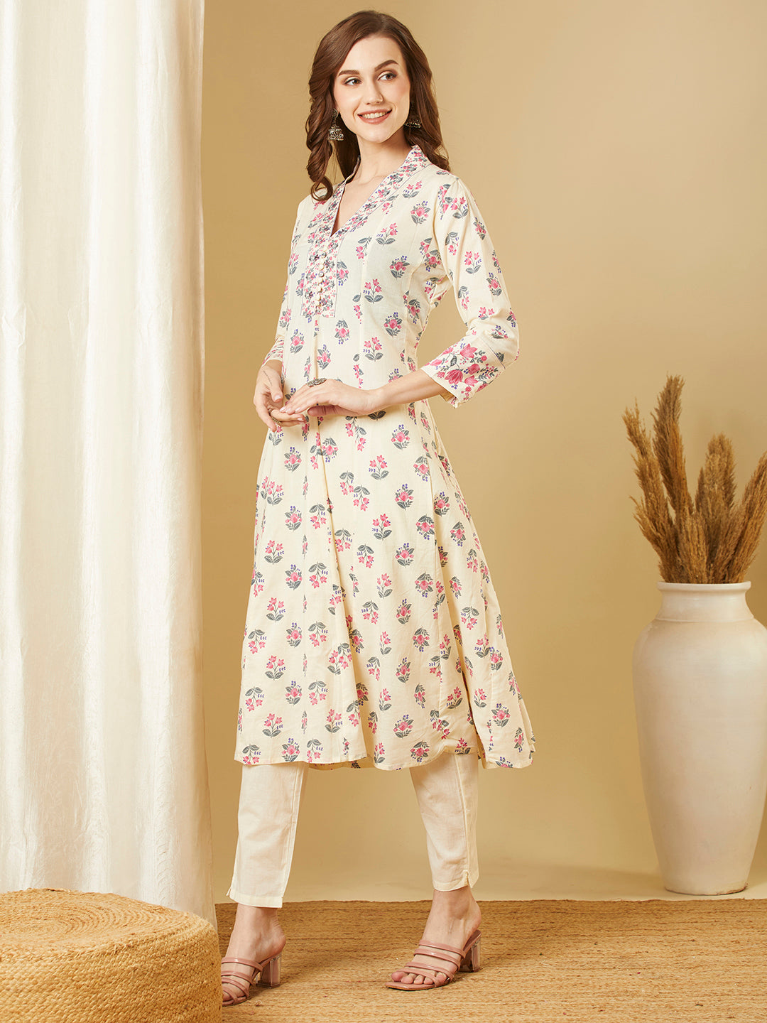 Ethnic Floral Printed Anarkali Kurta with Pant - Off White