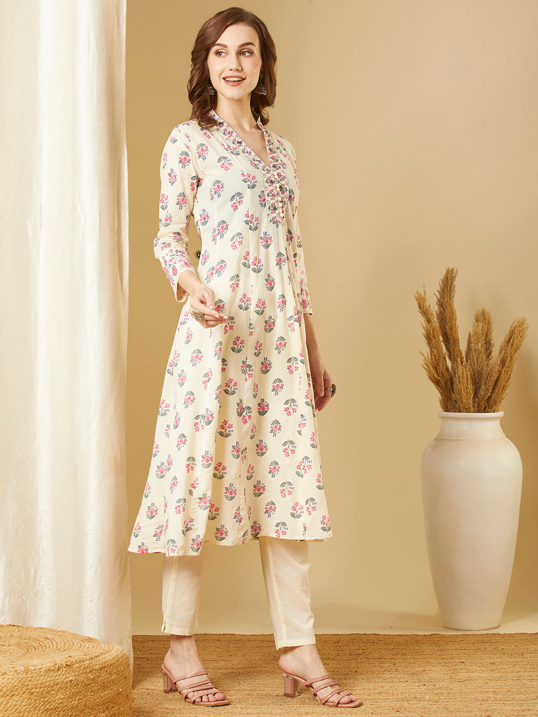 Ethnic Floral Printed Anarkali Kurta with Pant - Off White