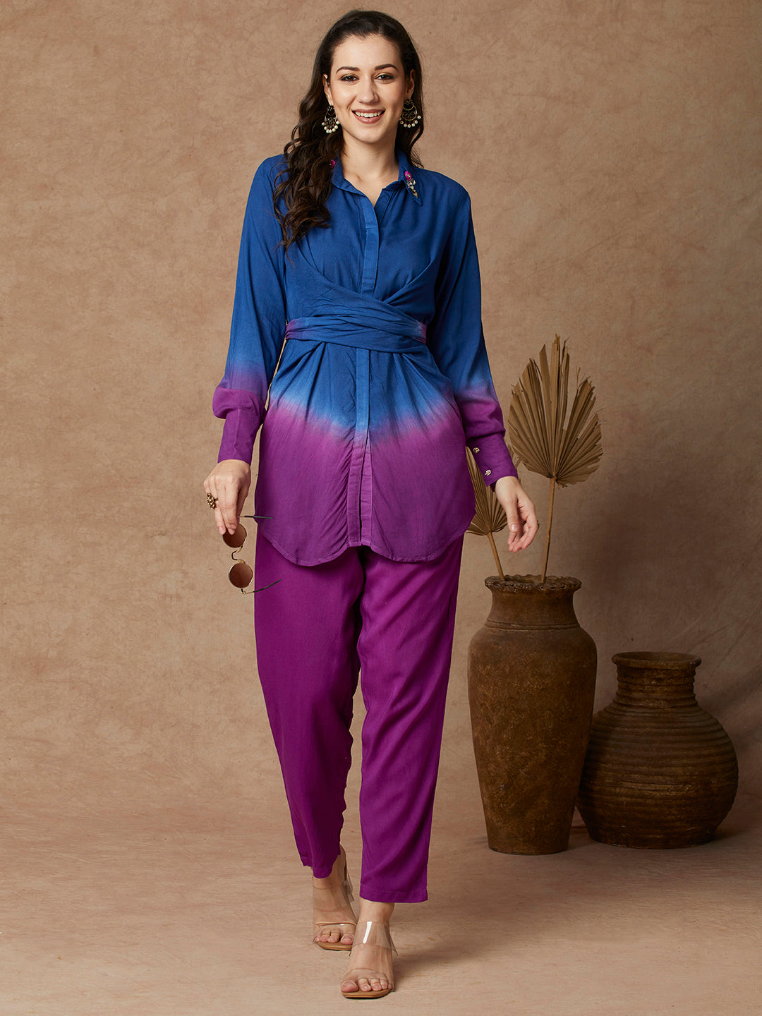 Ombre Dyed & Stone Embellished Knot Style Co-ord Set - Purple