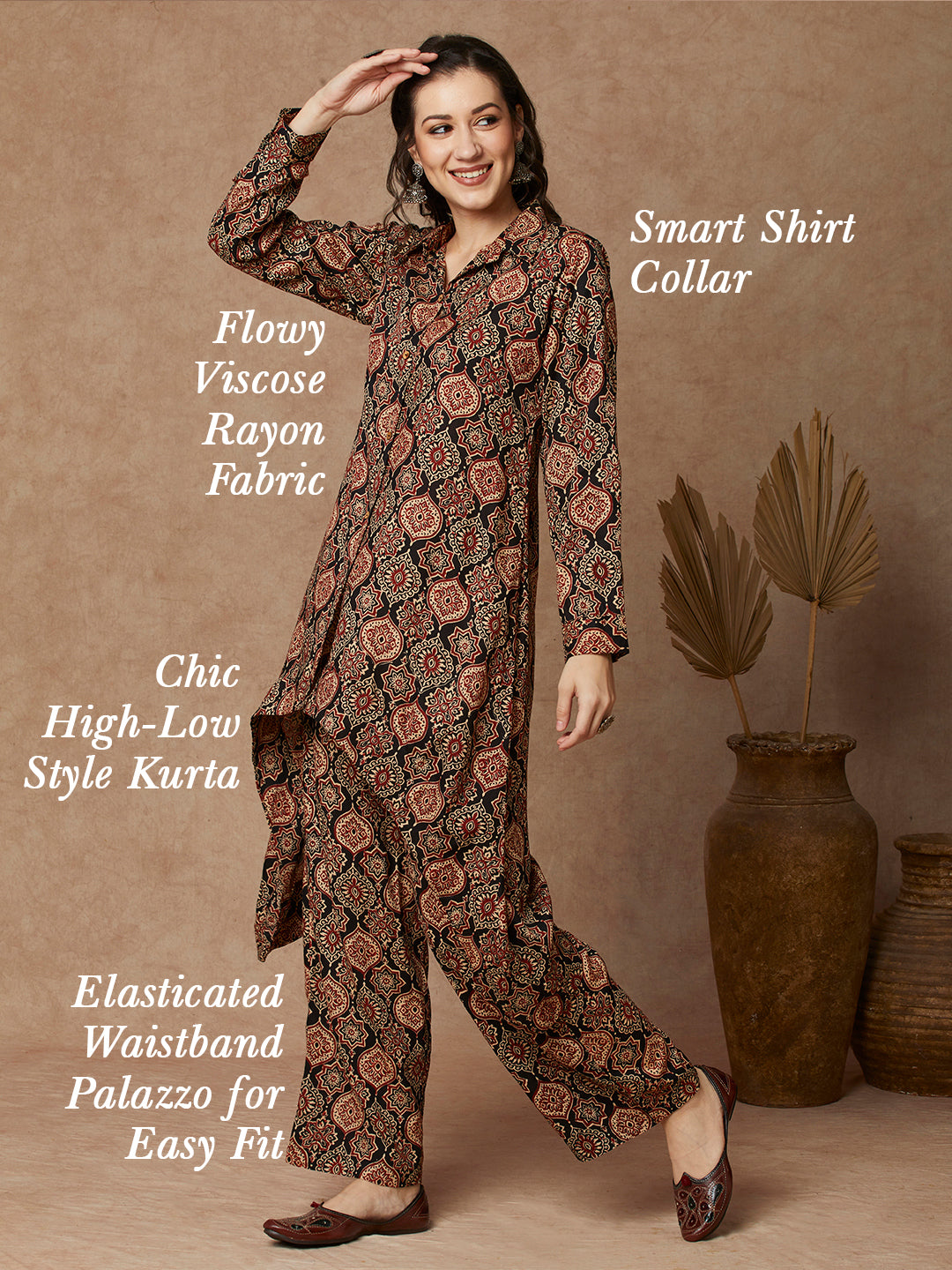 Ethnic Printed A-Line High Low Co-ord Set - Black