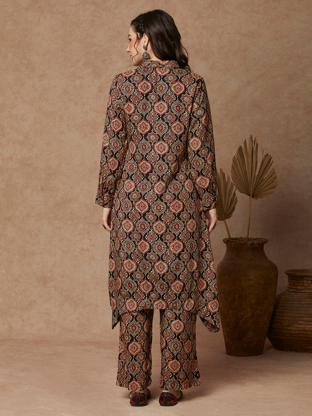 Ethnic Printed A-Line High Low Co-ord Set - Black
