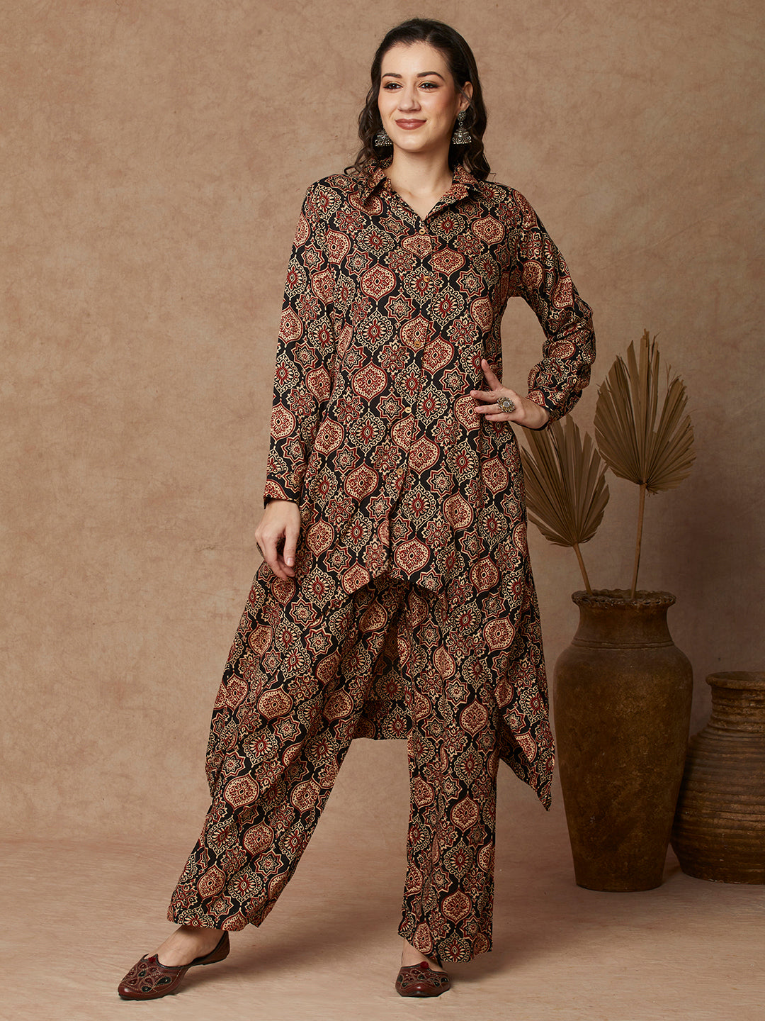 Ethnic Printed A-Line High Low Co-ord Set - Black