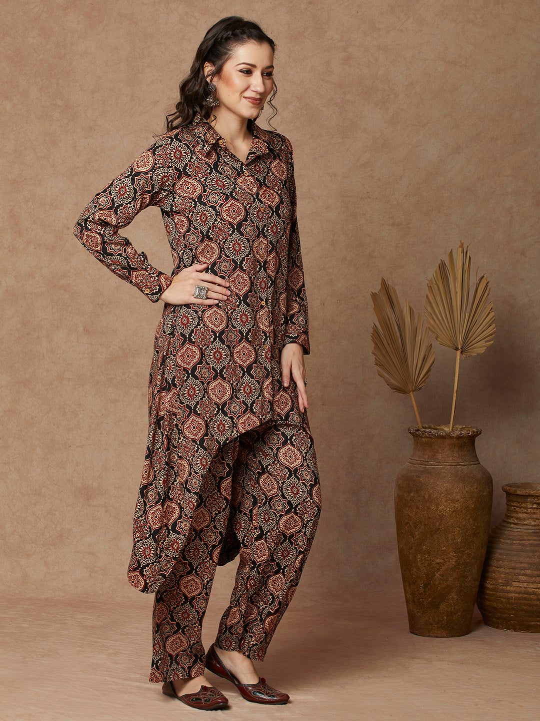 Ethnic Printed A-Line High Low Co-ord Set - Black
