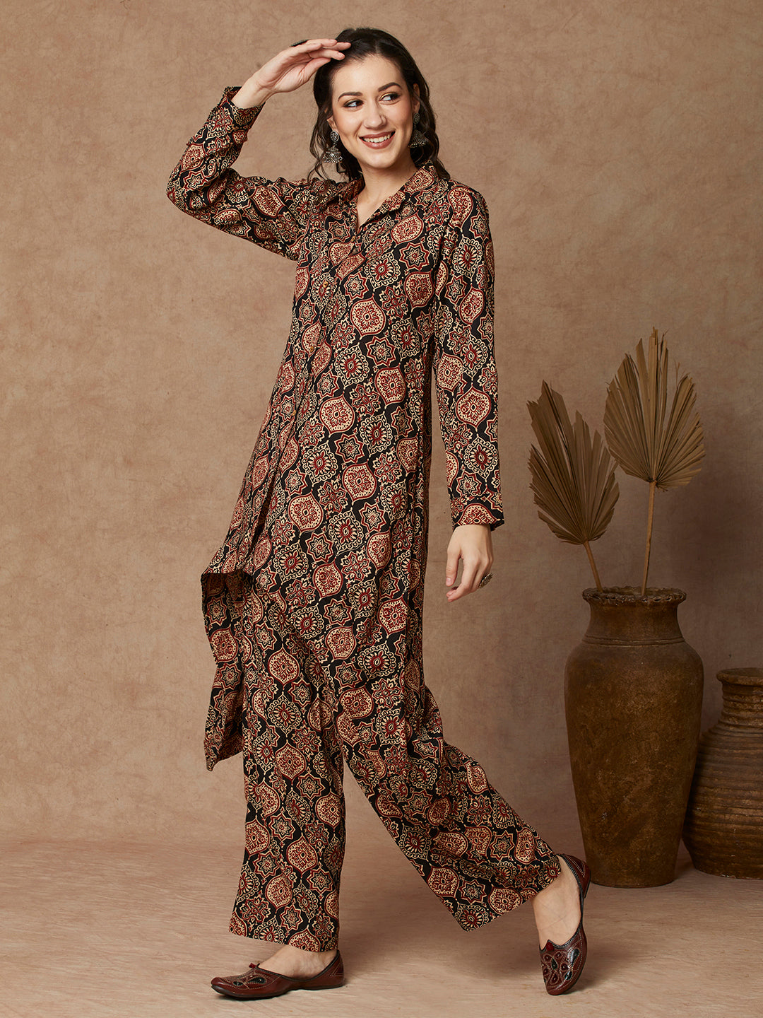 Ethnic Printed A-Line High Low Co-ord Set - Black
