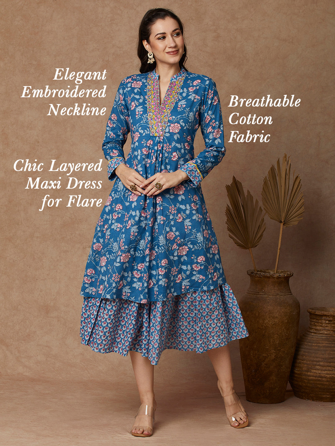 Ethnic Floral Printed & Embroidered A-Line Layered Maxi Dress - Blue