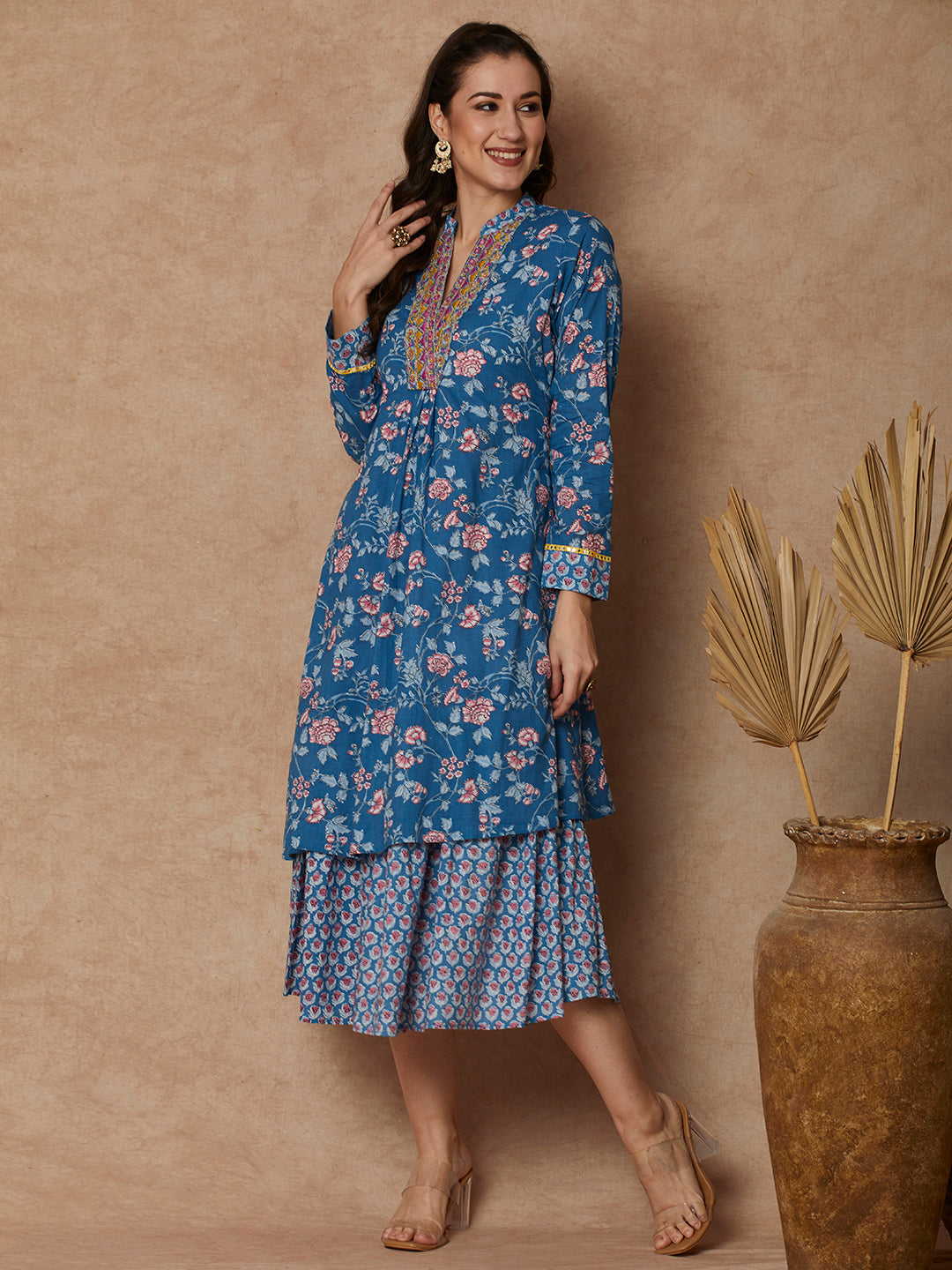 Ethnic Floral Printed & Embroidered A-Line Layered Maxi Dress - Blue