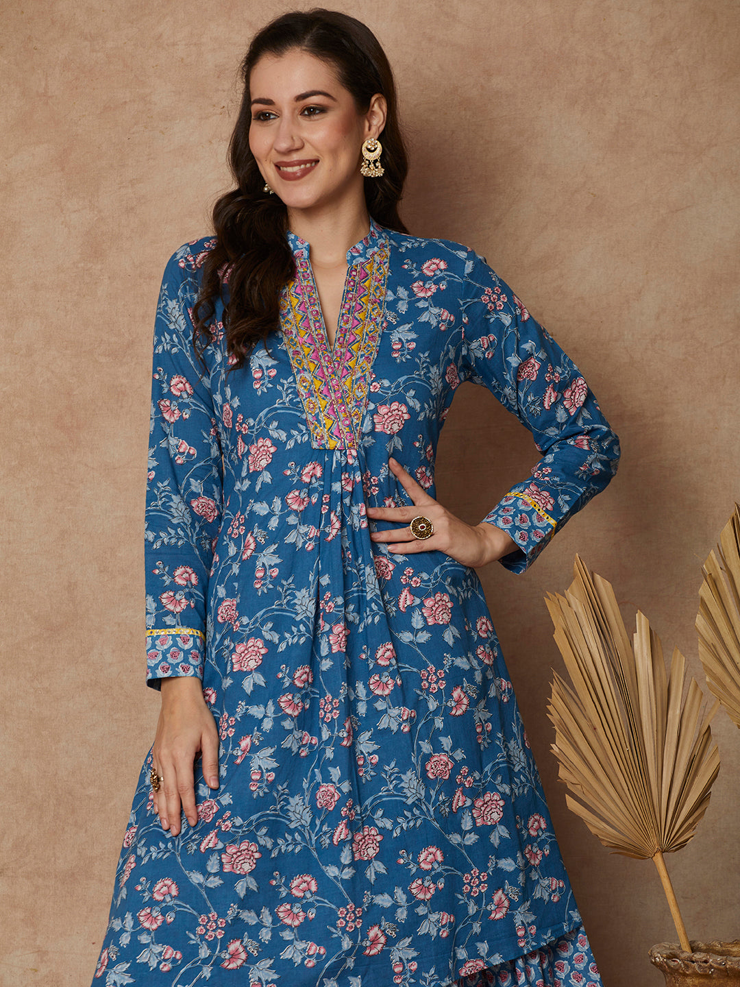 Ethnic Floral Printed & Embroidered A-Line Layered Maxi Dress - Blue