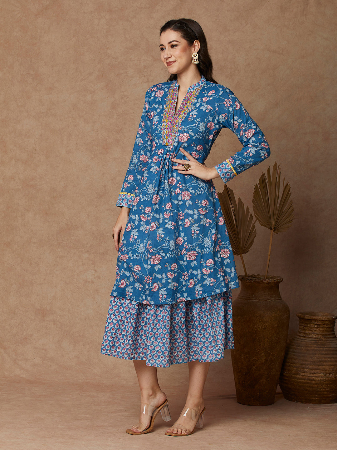 Ethnic Floral Printed & Embroidered A-Line Layered Maxi Dress - Blue