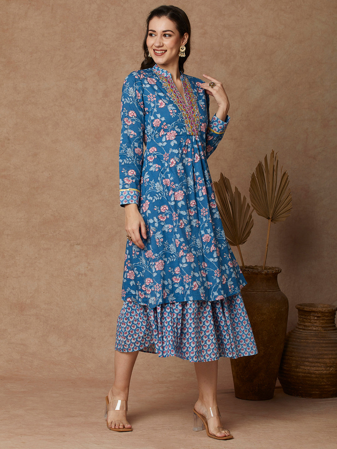 Ethnic Floral Printed & Embroidered A-Line Layered Maxi Dress - Blue