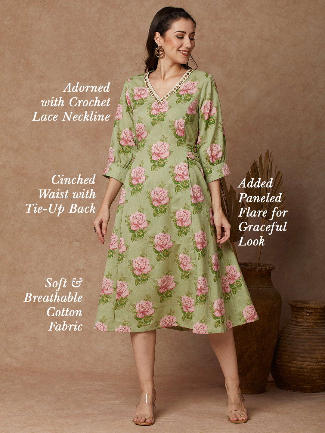 Floral Printed A-Line Paneled Tie - Up Midi Flared Dress - Green