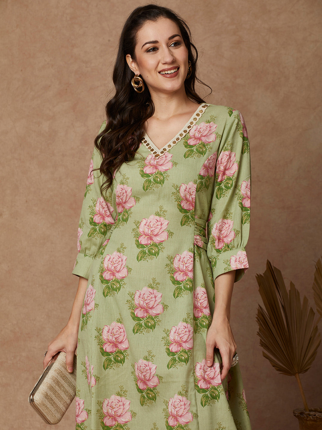 Floral Printed A-Line Paneled Tie - Up Midi Flared Dress - Green