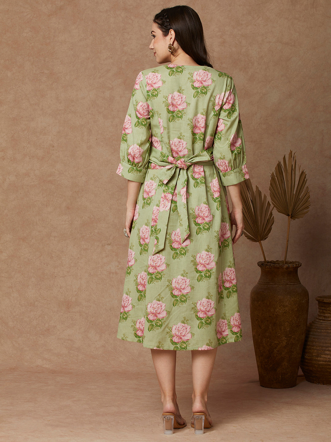 Floral Printed A-Line Paneled Tie - Up Midi Flared Dress - Green
