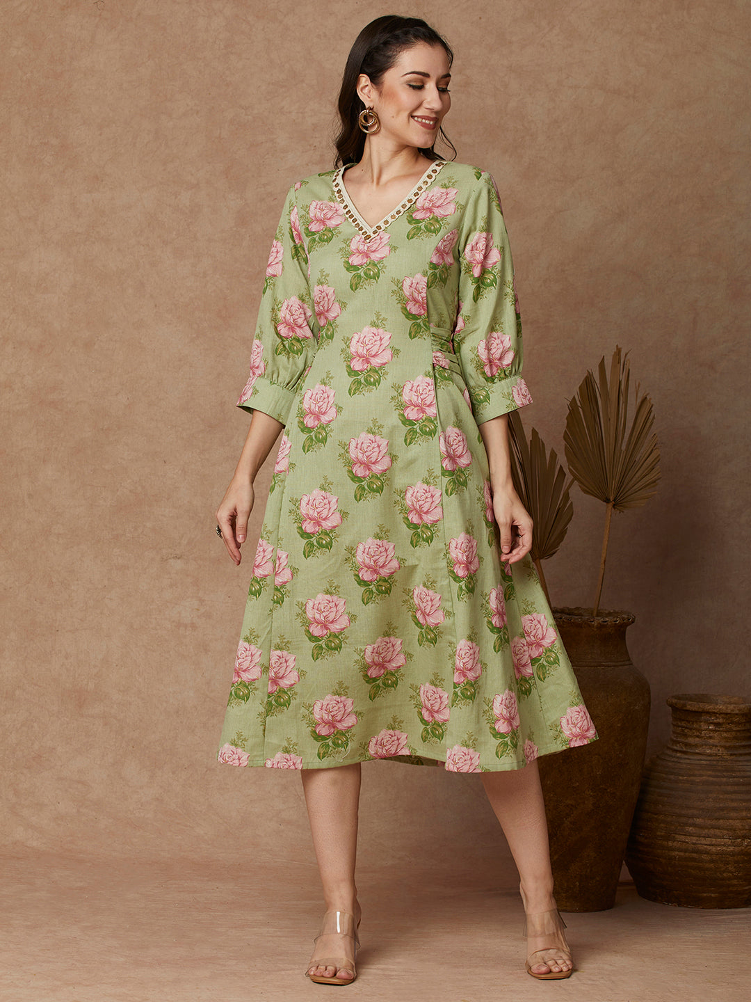 Floral Printed A-Line Paneled Tie - Up Midi Flared Dress - Green