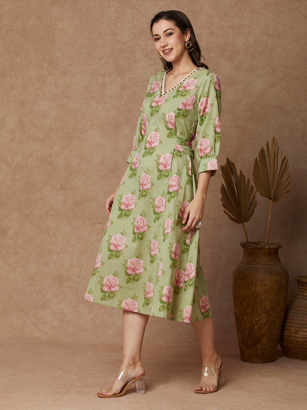 Floral Printed A-Line Paneled Tie - Up Midi Flared Dress - Green