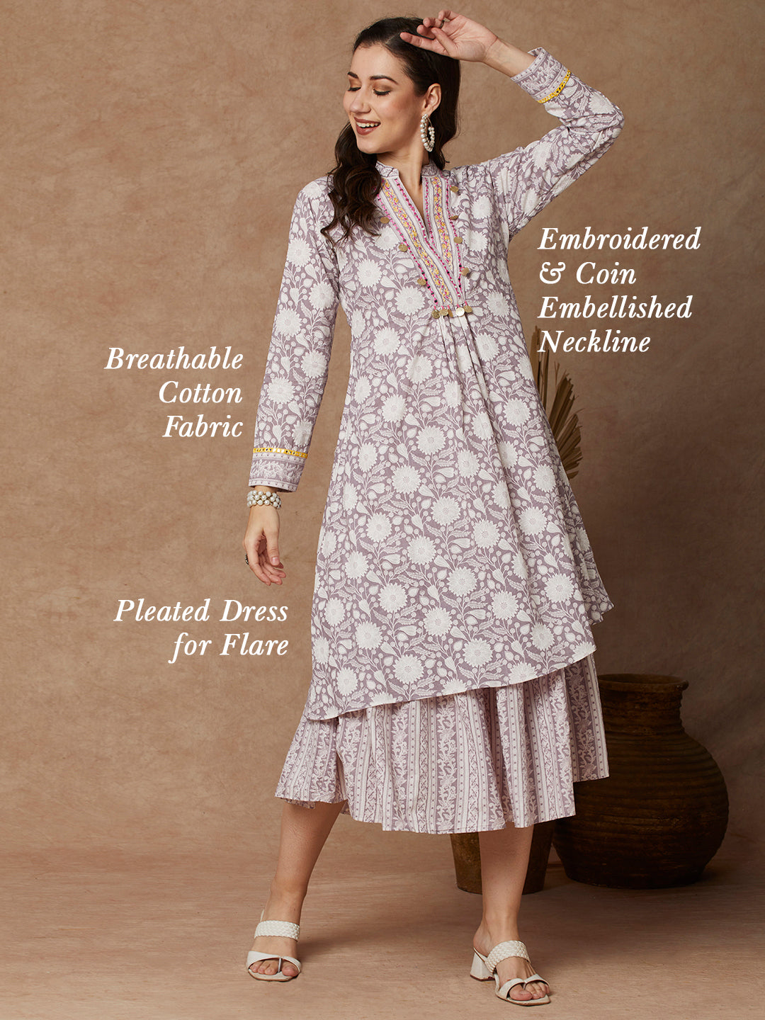 Ethnic Floral Printed & Embroidered A-Line Pleated Layered Maxi Dress - Lavender