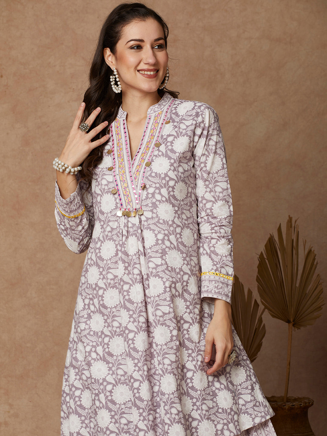 Ethnic Floral Printed & Embroidered A-Line Pleated Layered Maxi Dress - Lavender