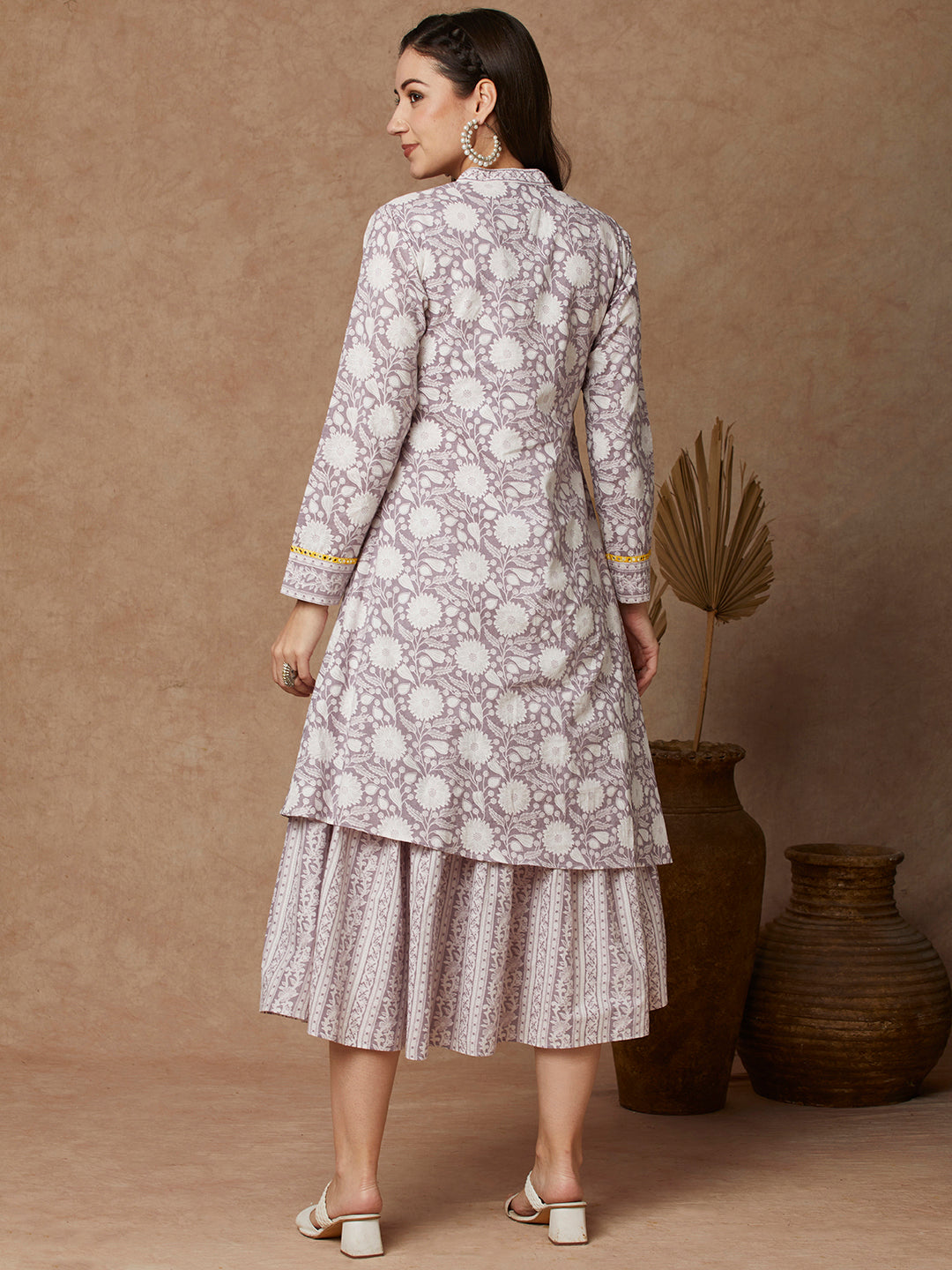 Ethnic Floral Printed & Embroidered A-Line Pleated Layered Maxi Dress - Lavender