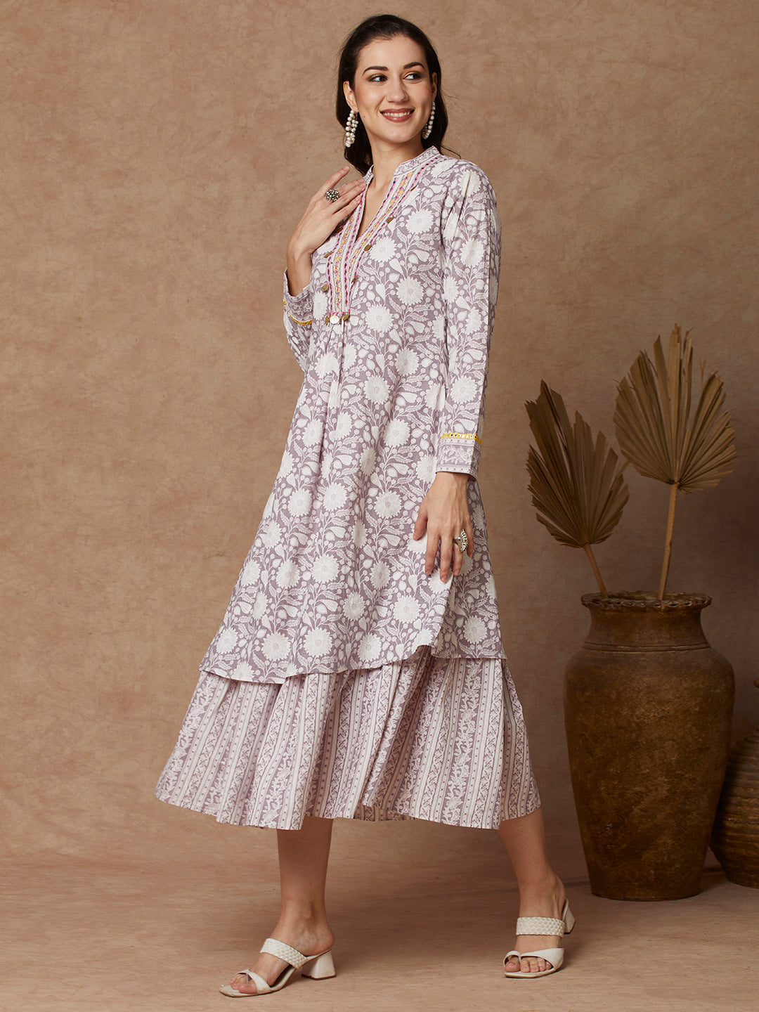 Ethnic Floral Printed & Embroidered A-Line Pleated Layered Maxi Dress - Lavender