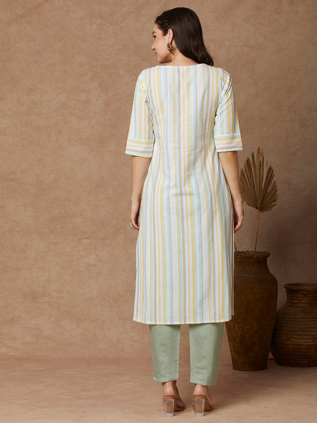 Stripes Woven & Floral Hand Embroidered Straight Fit Kurta - White