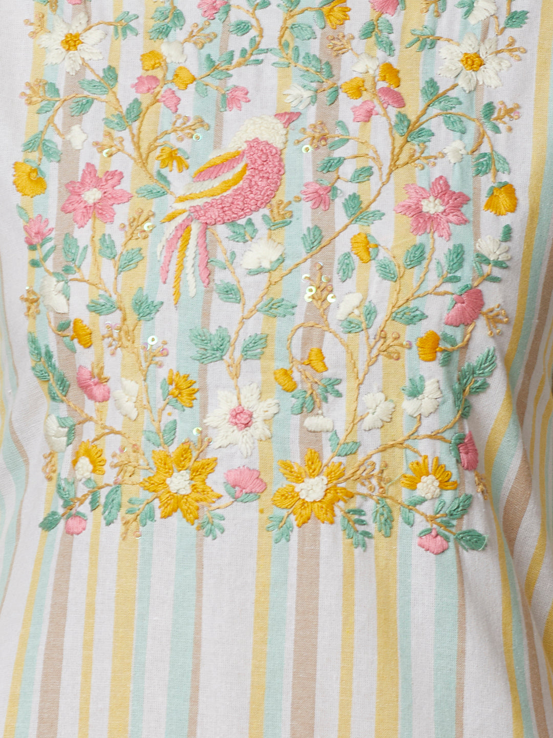 Stripes Woven & Floral Hand Embroidered Straight Fit Kurta - White