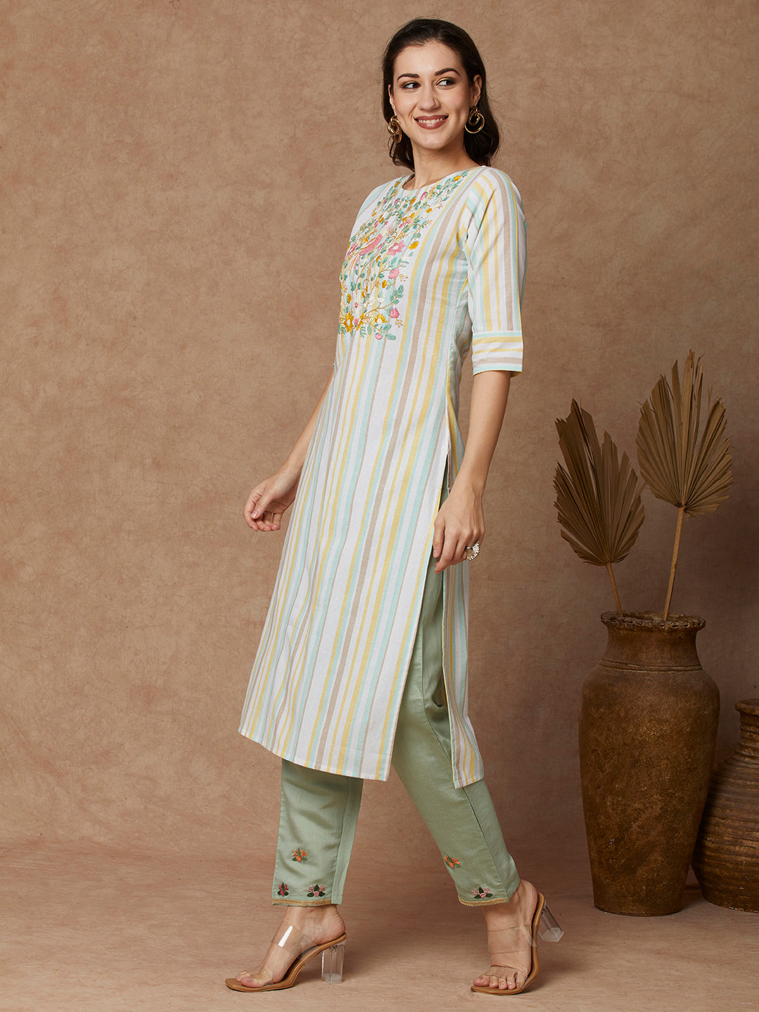 Stripes Woven & Floral Hand Embroidered Straight Fit Kurta - White