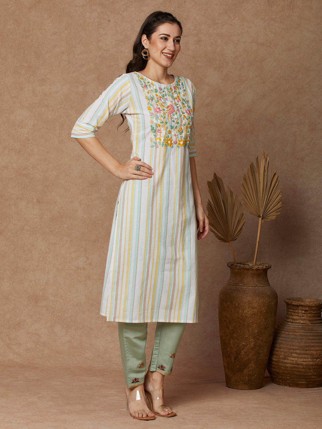 Stripes Woven & Floral Hand Embroidered Straight Fit Kurta - White