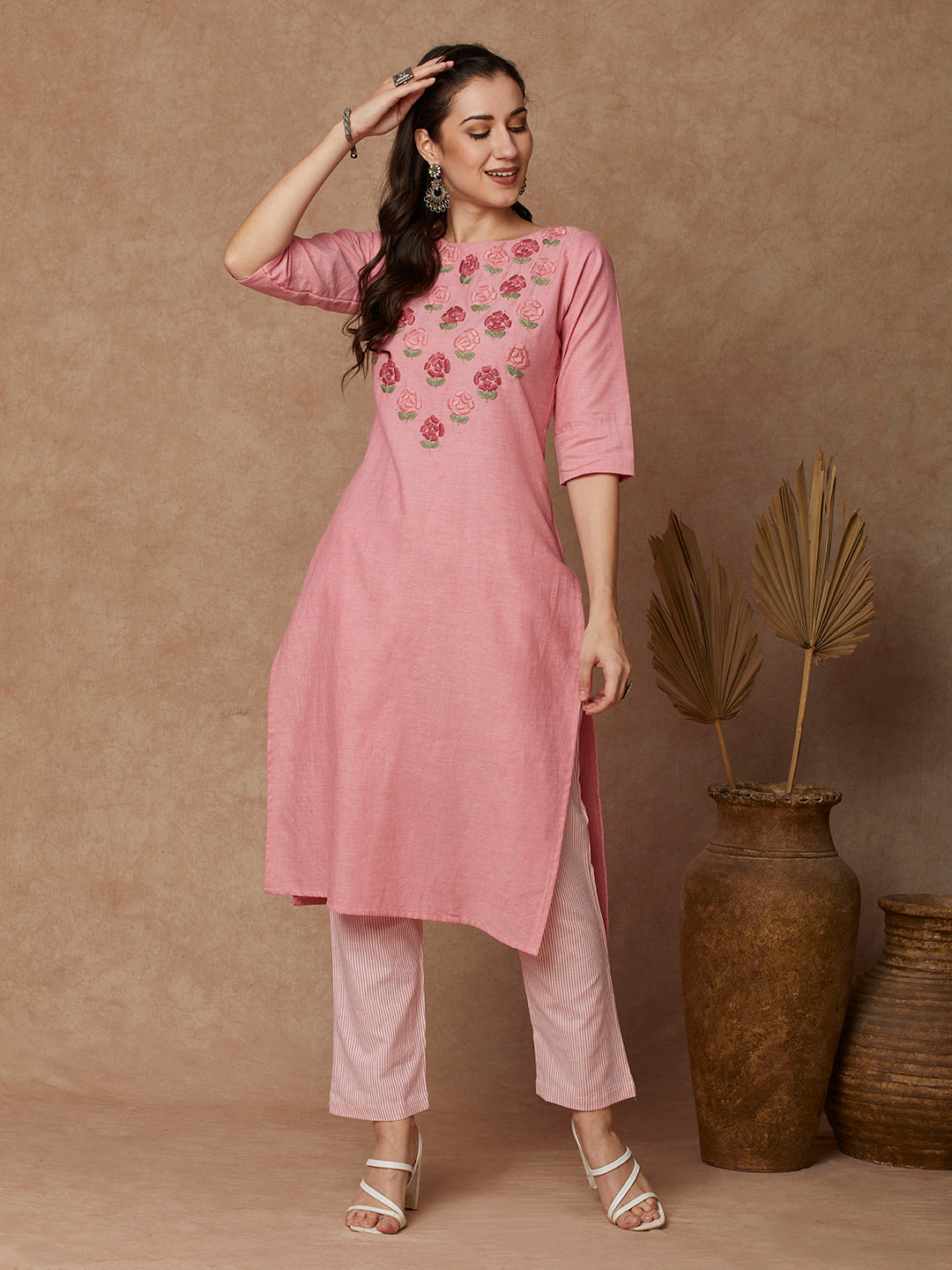 Solid Floral Hand Embroidered Straight Kurta with Pant - Pink