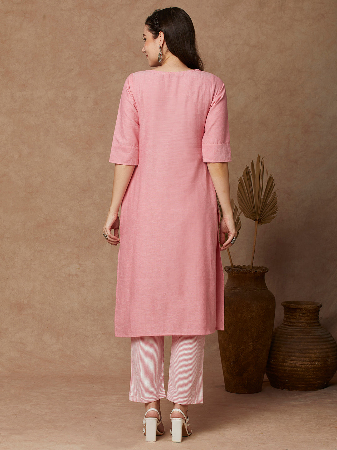 Solid Floral Hand Embroidered Straight Kurta with Pant - Pink