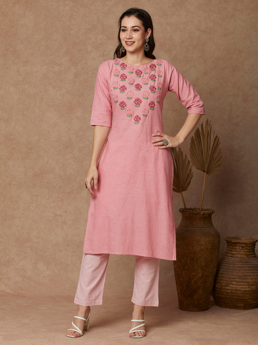 Solid Floral Hand Embroidered Straight Kurta with Pant - Pink
