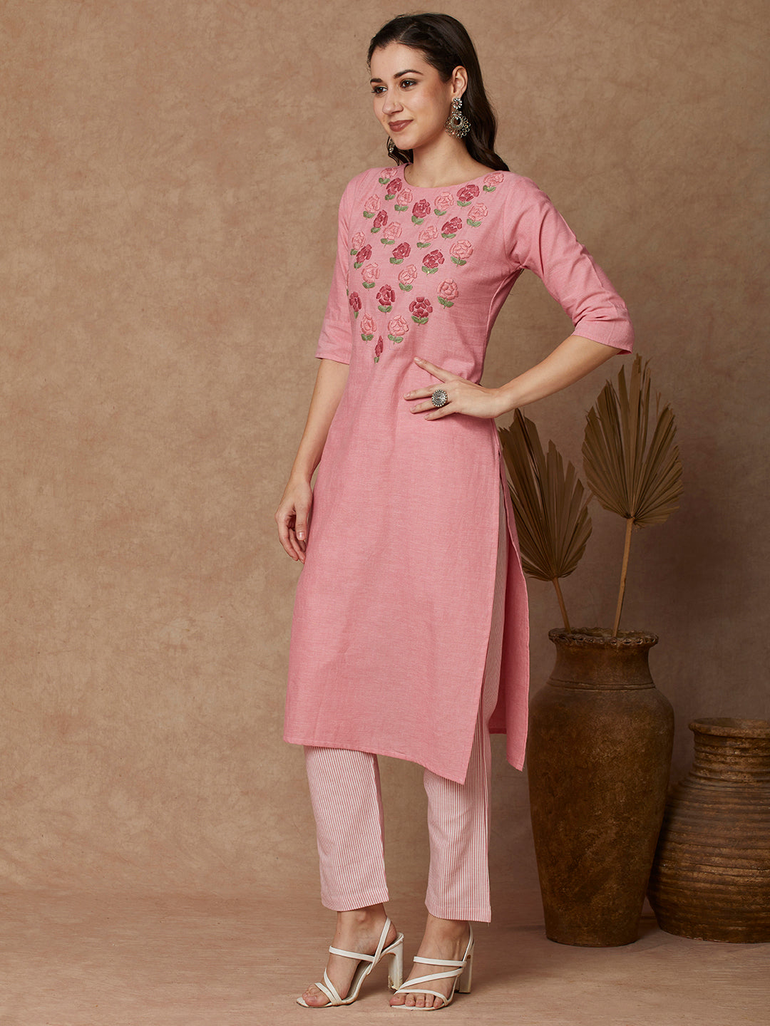 Solid Floral Hand Embroidered Straight Kurta with Pant - Pink
