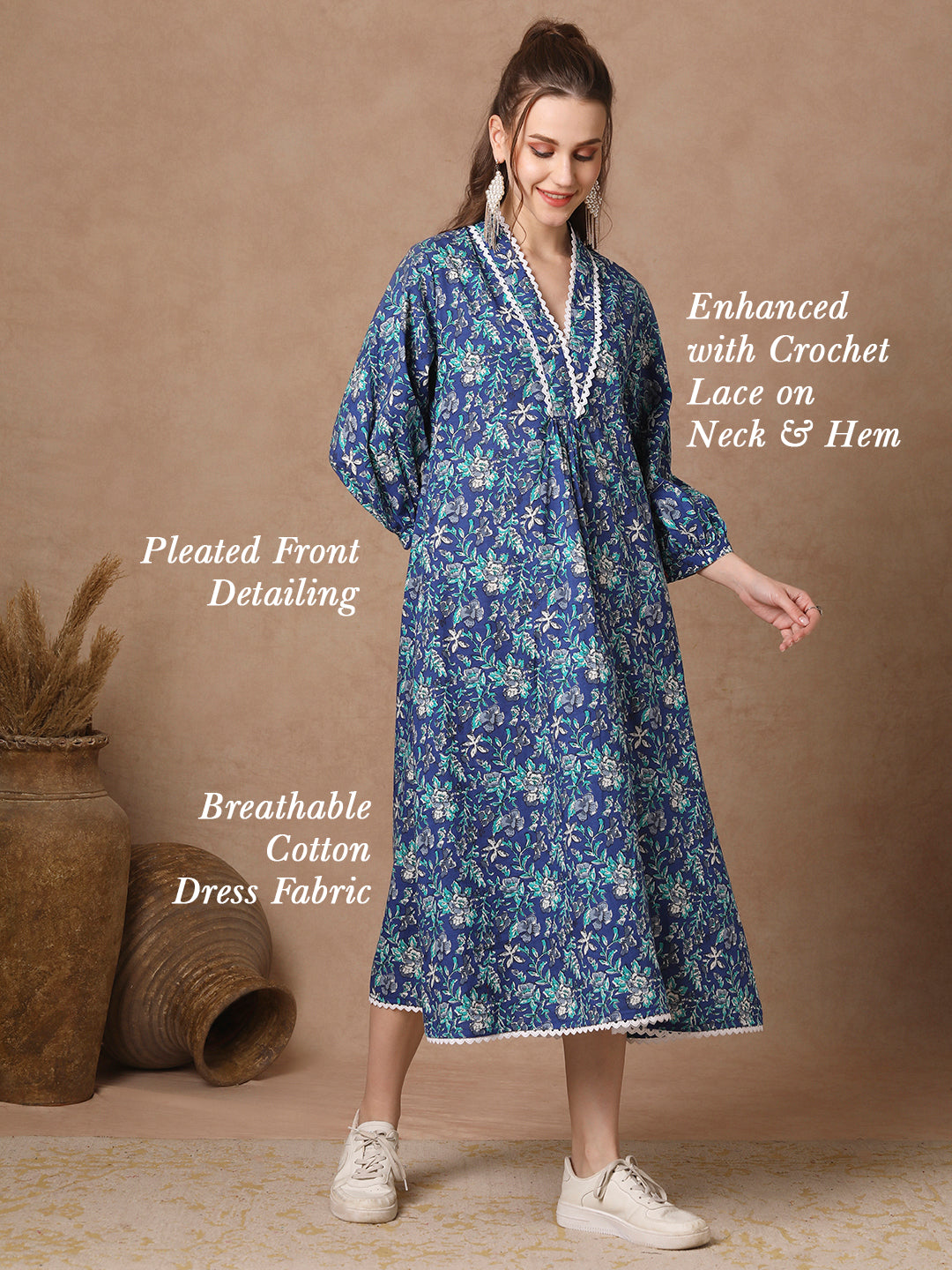 Ethnic Floral Printed A-Line Pleated Maxi Dress - Blue