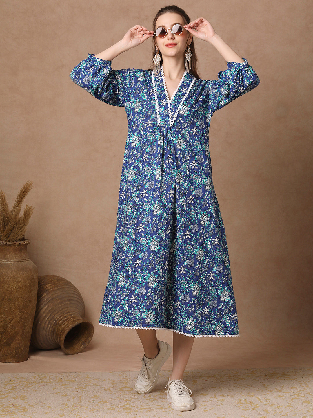 Ethnic Floral Printed A-Line Pleated Maxi Dress - Blue