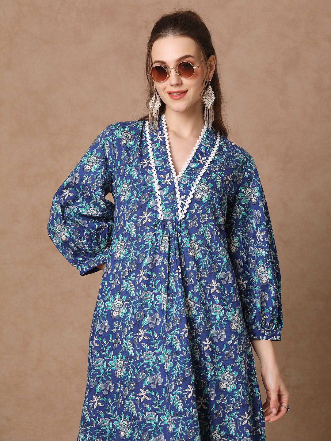 Ethnic Floral Printed A-Line Pleated Maxi Dress - Blue