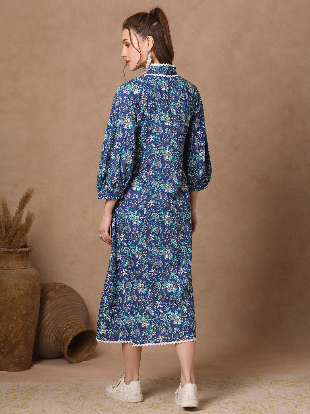 Ethnic Floral Printed A-Line Pleated Maxi Dress - Blue