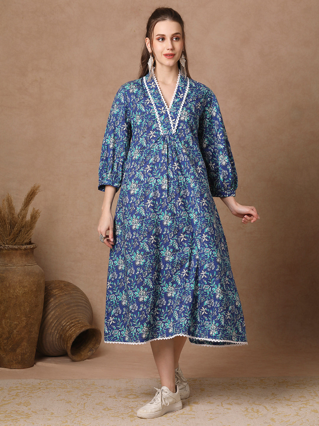 Ethnic Floral Printed A-Line Pleated Maxi Dress - Blue