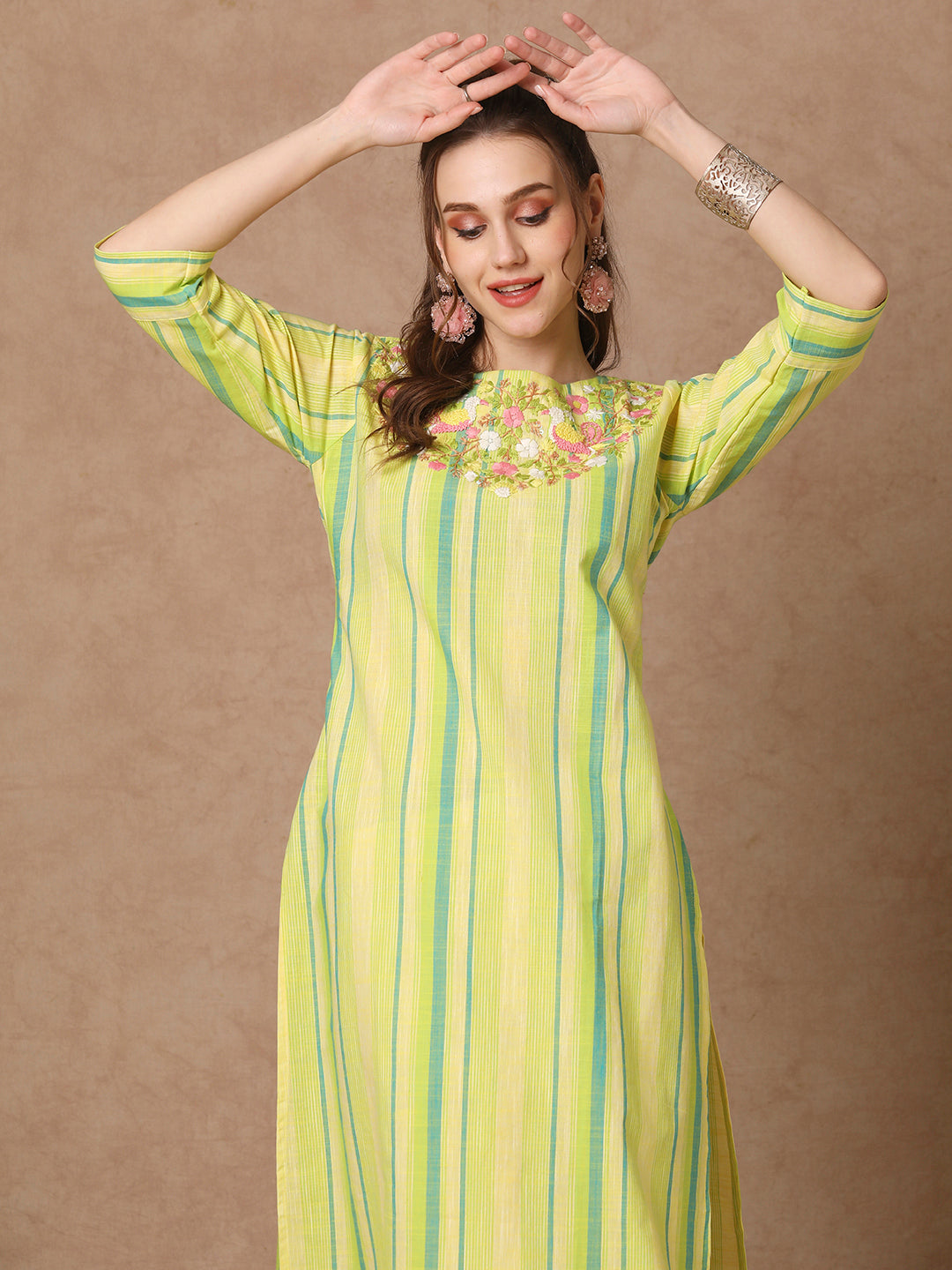 Stripes Woven & Floral Hand Embroidered Straight Fit Kurta - Green