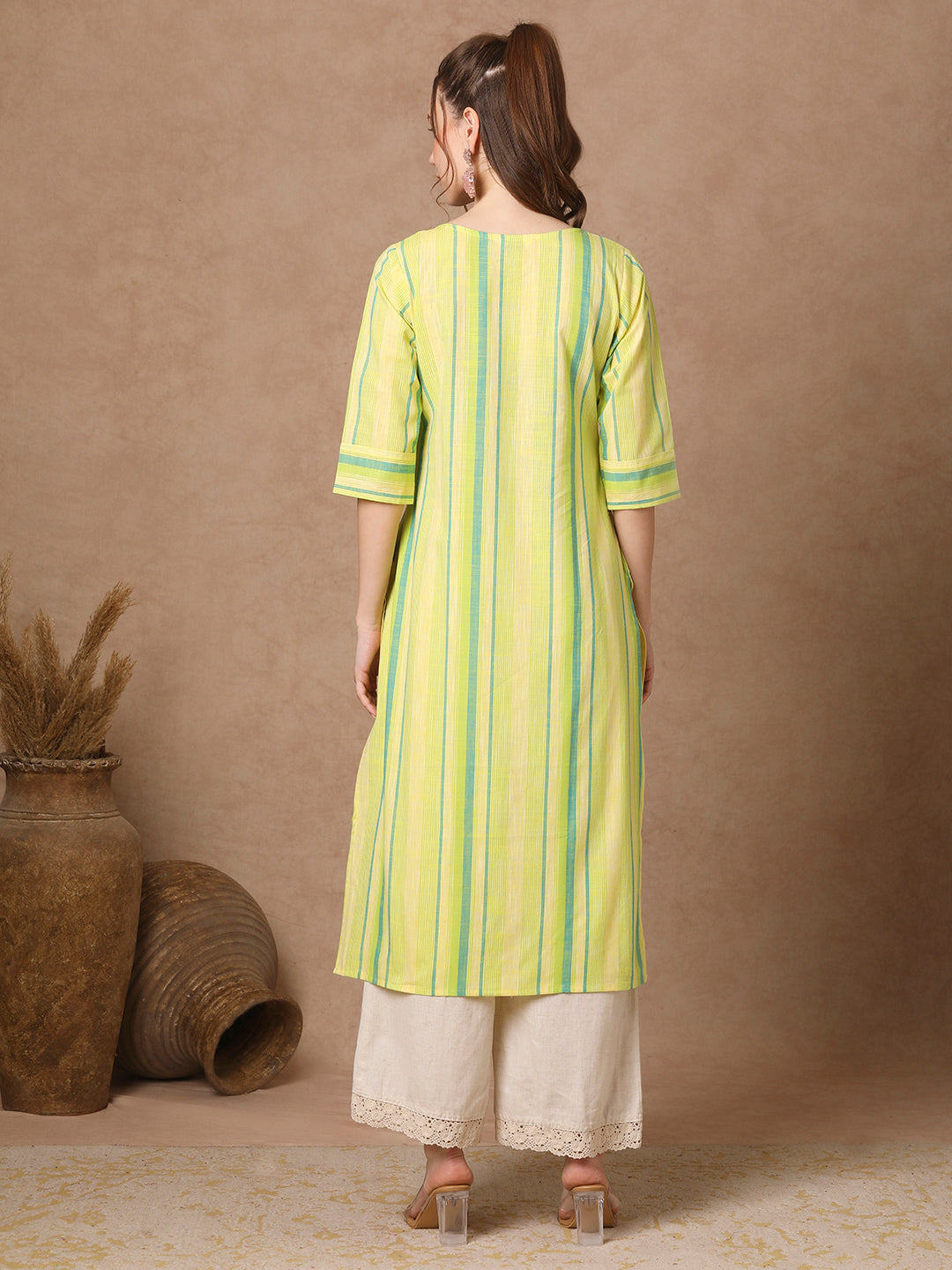 Stripes Woven & Floral Hand Embroidered Straight Fit Kurta - Green