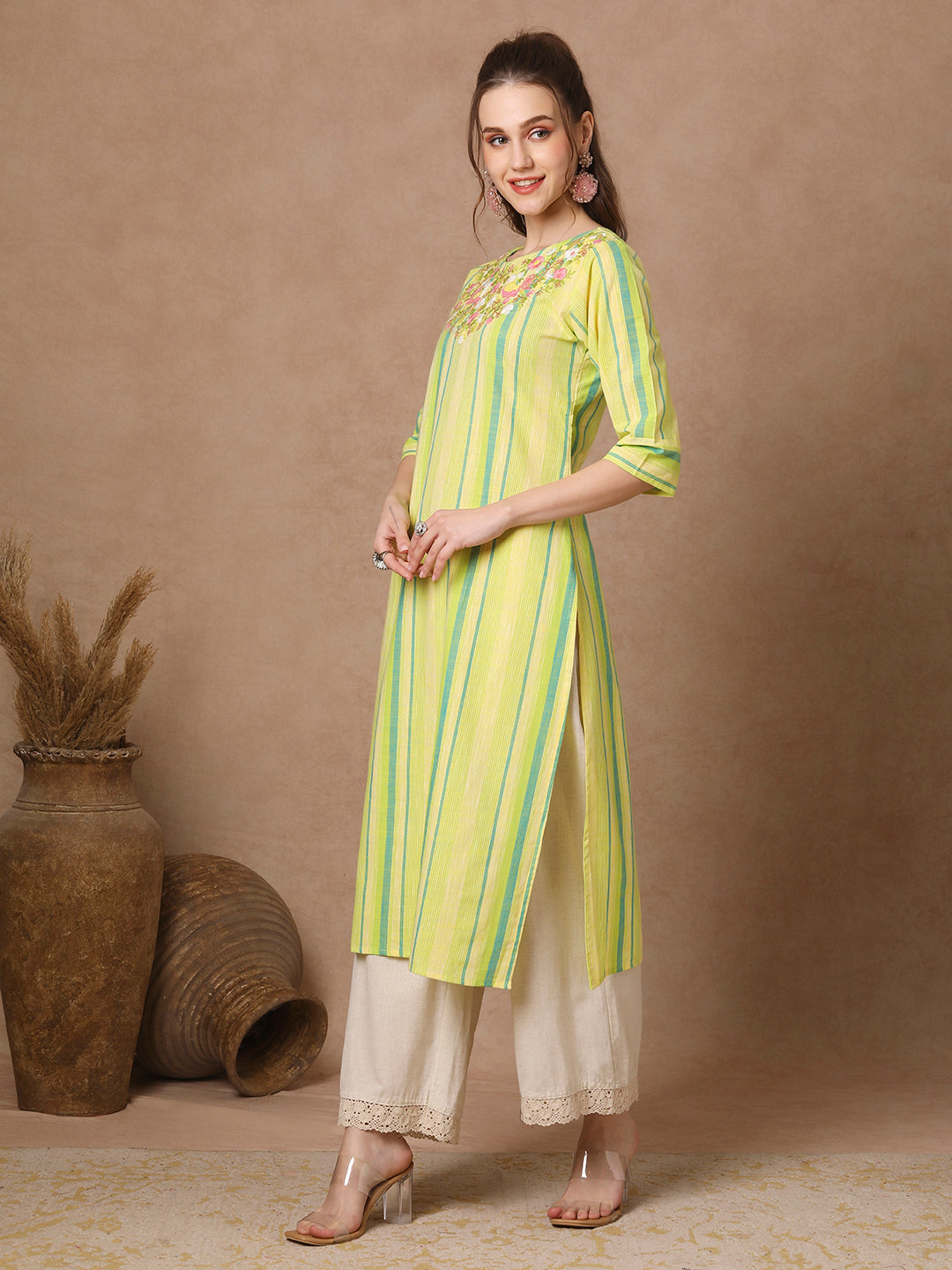 Stripes Woven & Floral Hand Embroidered Straight Fit Kurta - Green