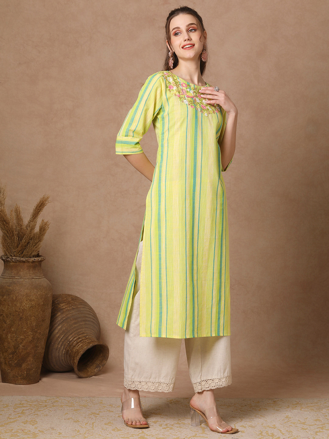 Stripes Woven & Floral Hand Embroidered Straight Fit Kurta - Green