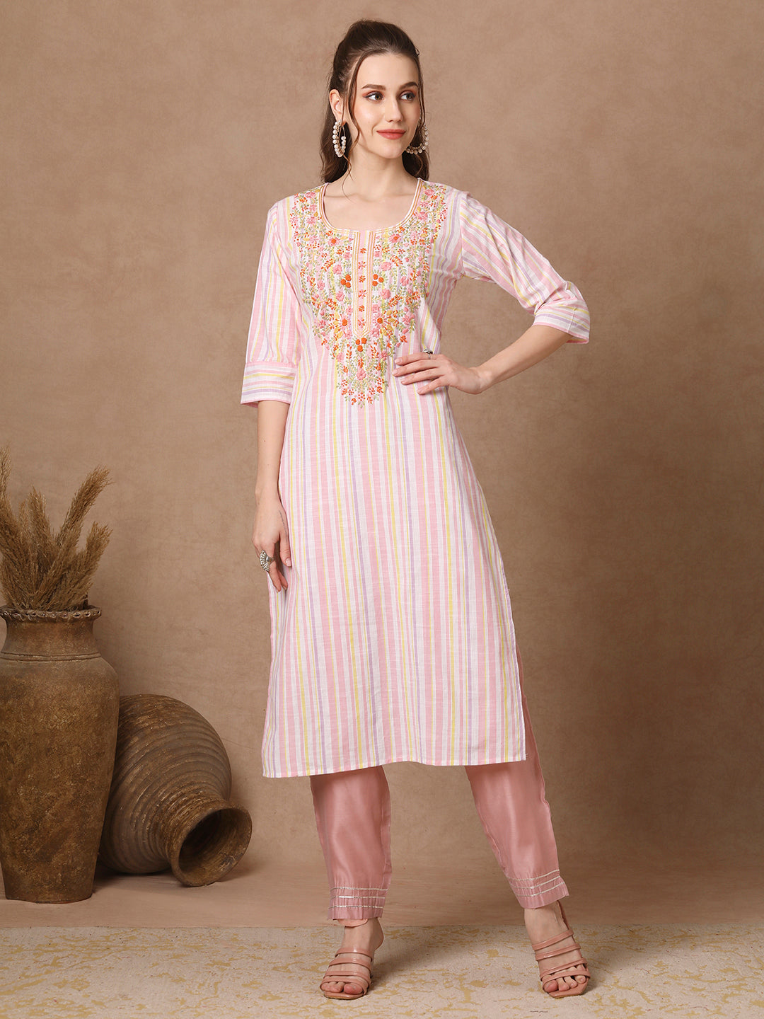 Stripes Woven & Floral Hand Embroidered Straight Fit Kurta - White