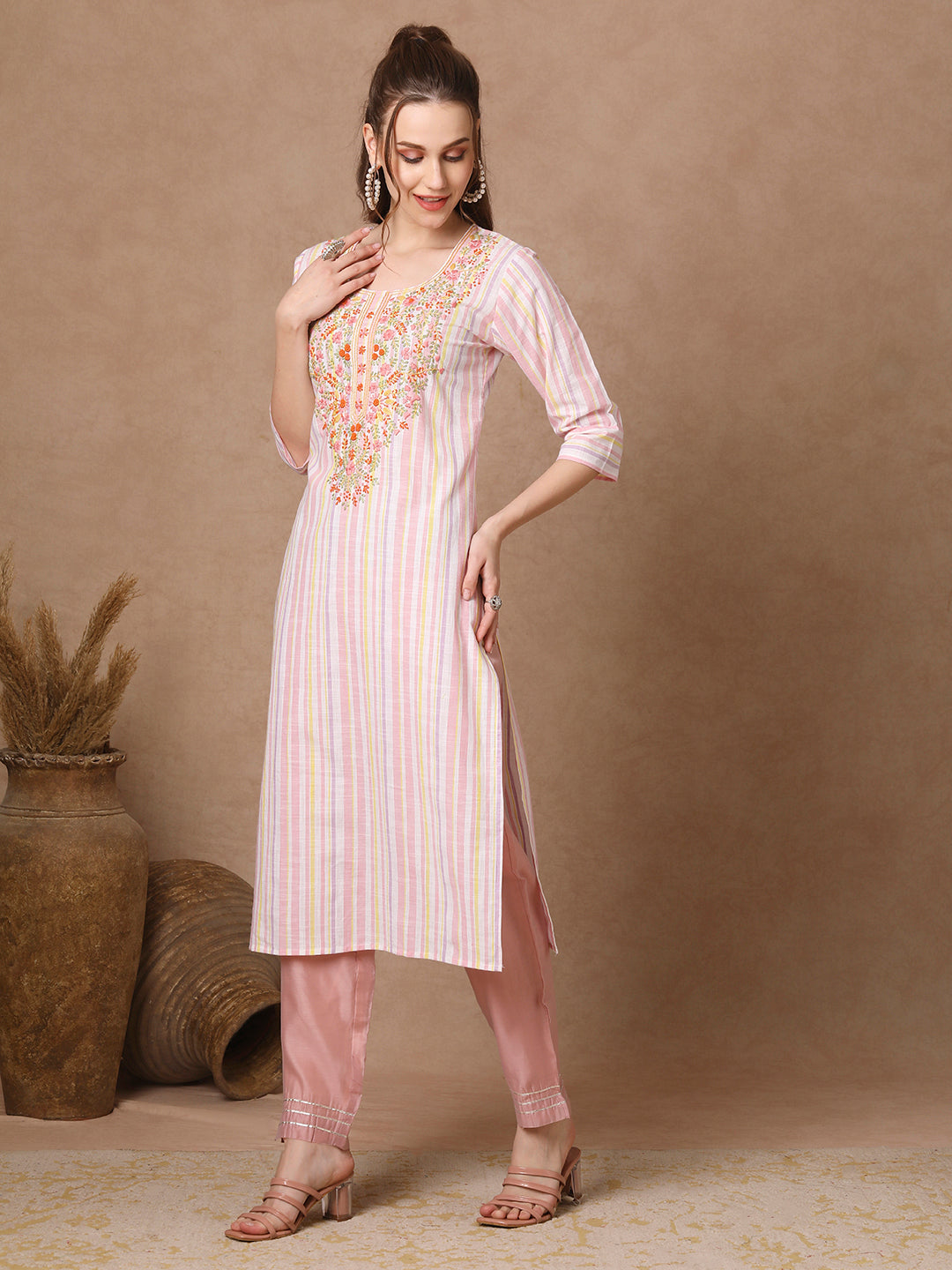Stripes Woven & Floral Hand Embroidered Straight Fit Kurta - White
