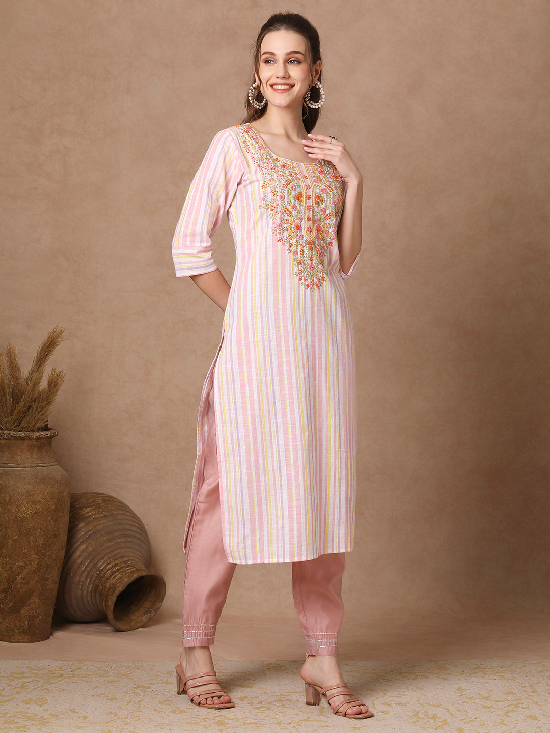 Stripes Woven & Floral Hand Embroidered Straight Fit Kurta - White