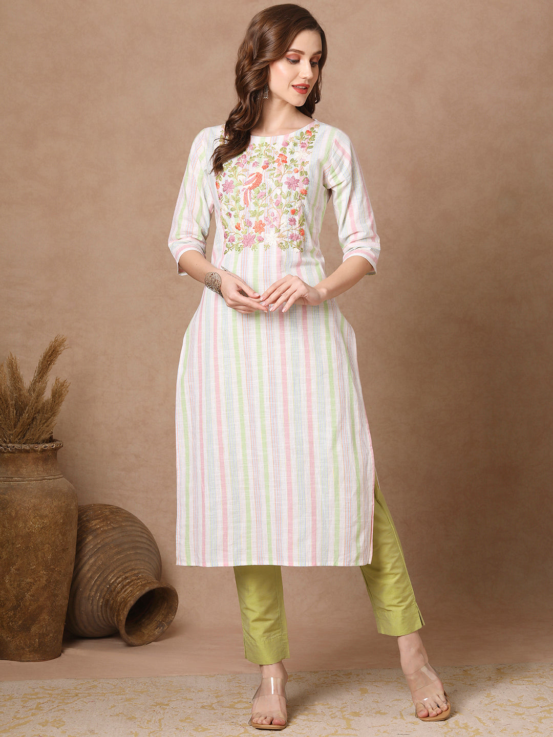 Stripes Printed & Floral Hand Embroidered Straight Fit Kurta - White