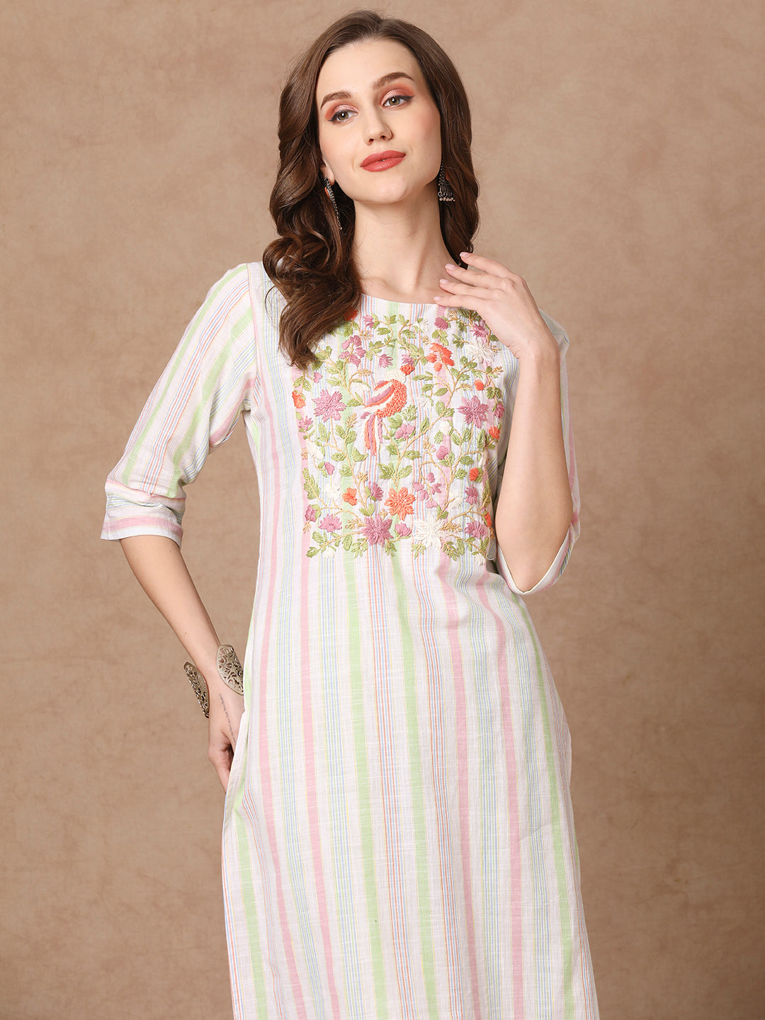 Stripes Printed & Floral Hand Embroidered Straight Fit Kurta - White