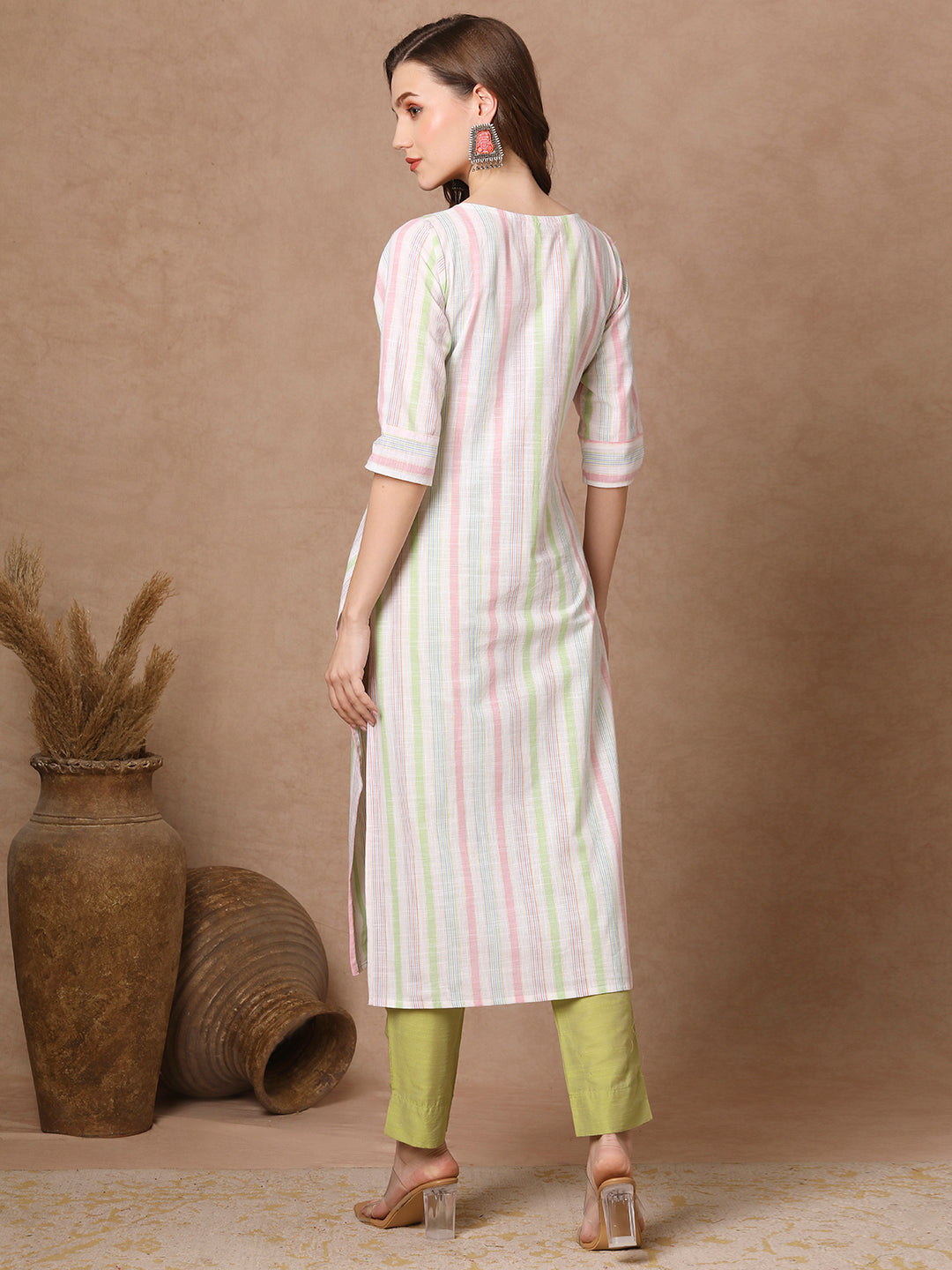 Stripes Printed & Floral Hand Embroidered Straight Fit Kurta - White