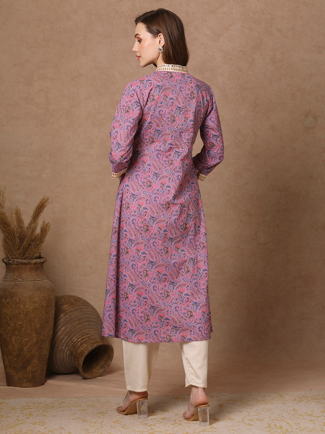 Ethnic Floral Printed & Embroidered A-line Flared Kurta - Purple