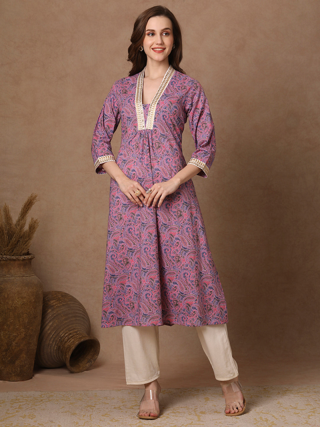 Ethnic Floral Printed & Embroidered A-line Flared Kurta - Purple
