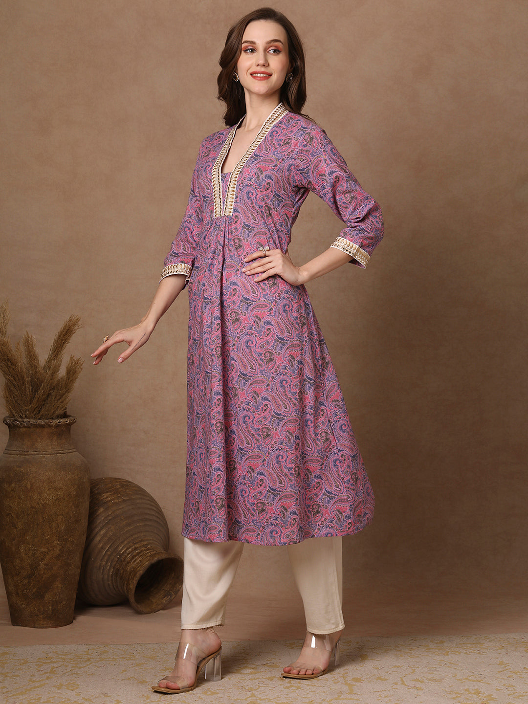 Ethnic Floral Printed & Embroidered A-line Flared Kurta - Purple