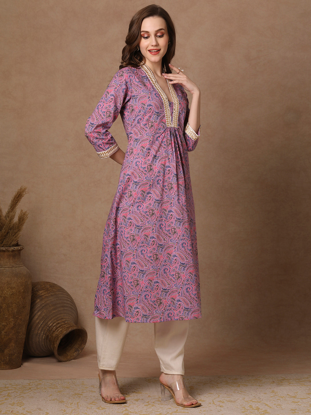 Ethnic Floral Printed & Embroidered A-line Flared Kurta - Purple